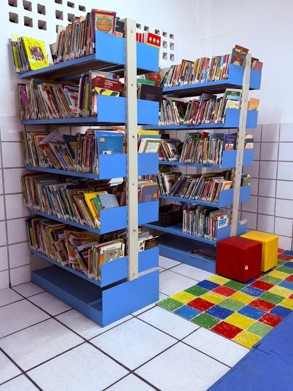 Estantes com livros infantis, pufes e piso colorido