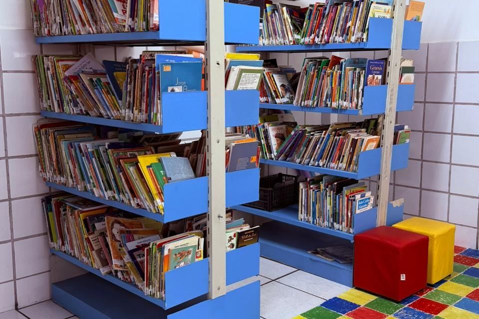 Estantes com livros infantis, pufes e piso colorido